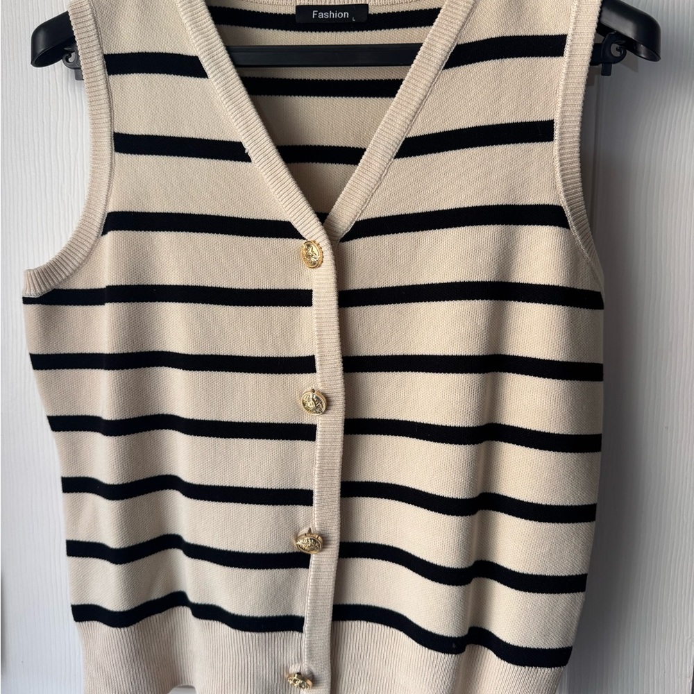 Striped Sleeveless Cardigan with Gold Buttons